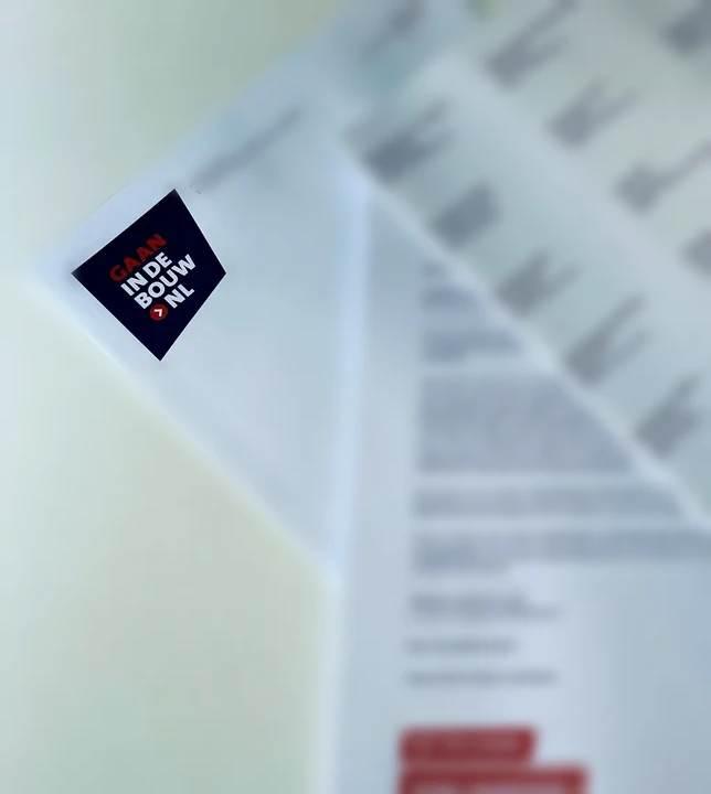 Mailing met enveloppen, brieven en adresstickers voor Gaan in de Bouw, Gaan in de Bouw